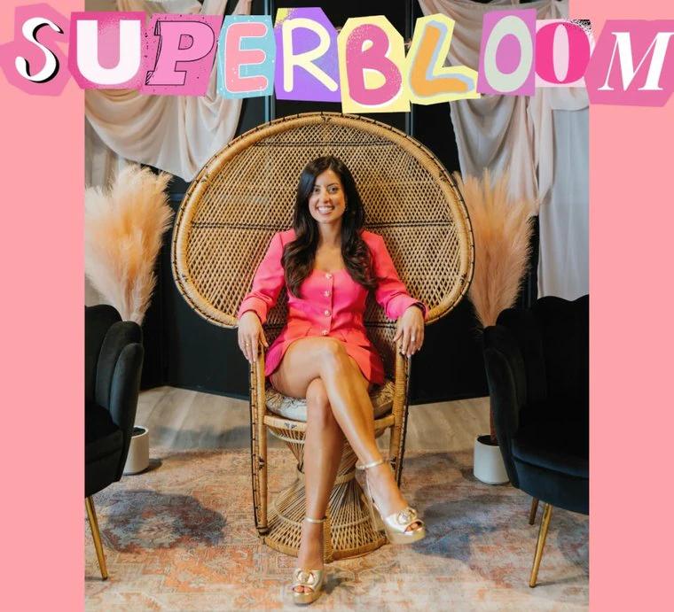 Alana's brand collage: Superbloom in cut-out lettering above her portrait in a peacock chair.